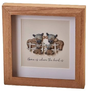 DOUGAL HIGHLAND COW HOME IS WHERE THE HERD IS WOOD FRAMED RESIN PEBBLE PICTURE