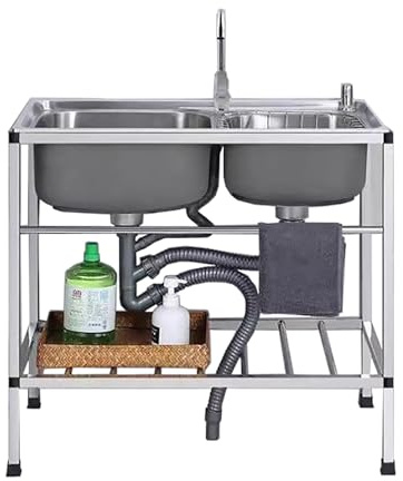 Fregadero para catering de acero inoxidable independientes para lavadero, Fregadero de cocina de dos senos con grifo de agua fría y caliente, Fregadero industrial para garaje, Fregadero comercial
