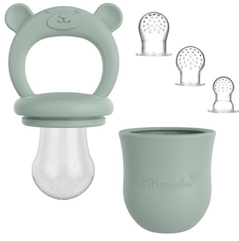 Baby Fruchtsauger & 3 Schnuller - Grüner 100% Silikon Nahrungsschnuller mit Beißring, Fruchtschnuller für Obst, Gemüse & Babynahrung, BPA-frei - Broemba®
