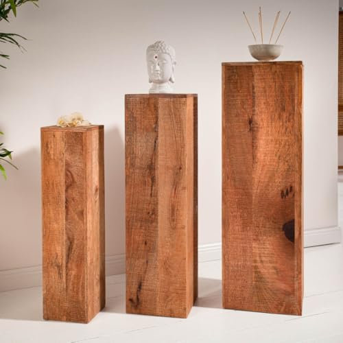 Schauer Beistelltisch 3er Set Massivholz Dekosäule 80 cm Mangoholz | Säulentisch Blumensäule/Blumenständer Holz Hocker Pflanzenständer Blumentisch Satztisch