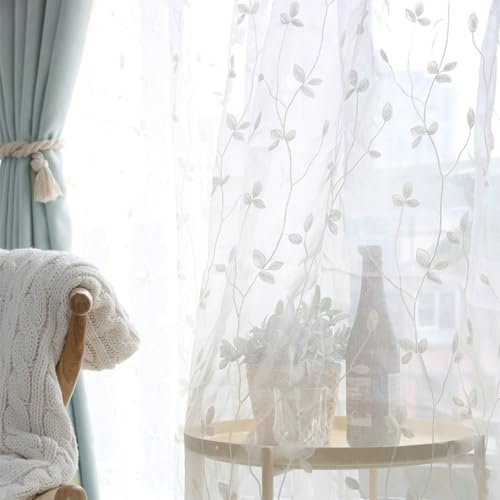 Kurzgardine Landhausstil Gardinen Kurz 2 Pack Weiß Voile Äste Bestickt H115 x B86 cm (2er Pack) Gaze