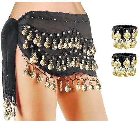 RNXSIB Bauchtanz Kostüm Damen, Bauchtanz Hüfttuch, EIN Paar Armbänder,Für Tanzauftritte & Training, Leicht & Atmungsaktiv, Bequeme Passform Mit Eleganter 98 Gold Münzen