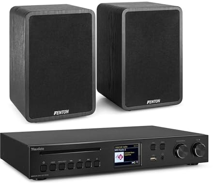 Fenton HiFi Stereoanlage 200 W - CD-Player, Bluetooth & Spotify Connect, DAB+/FM & Internetradio, USB, AUX, Toslink Anschluss, 2× 6,5 Regallautsprecher, Fernbedienung, 2,8 TFT Display, HiFi-Sound