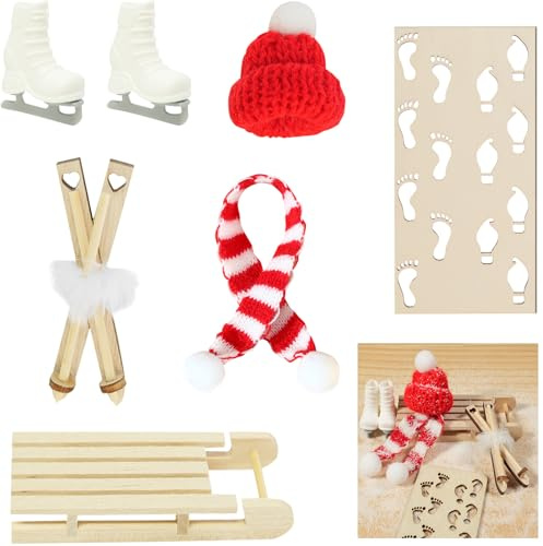 YUNSTK Wichtel Schlitten Set, Deko Schlitten Weihnachten, Weihnachtswichtel Zubehör inkl Holzschlitten Ski Schlittschuhe Mütze Schals Schnee Fußabdrücke, Miniatur Wichteltür Zubehör Wichtel Geschenke