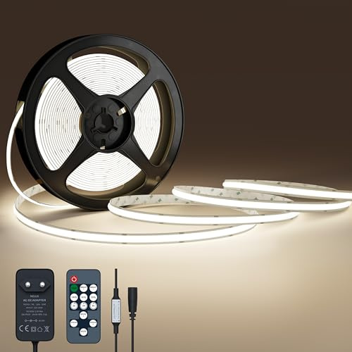 NELUX Striscia LED COB 10 Metri Bianco Naturale, Luci LED Strisce Sottopensile Cucina, Camera e TV Light Strip. Luce Interne Adesive Dimmerabili 480LED/m, 4000K. Include Telecomando, Trasformatore 24V