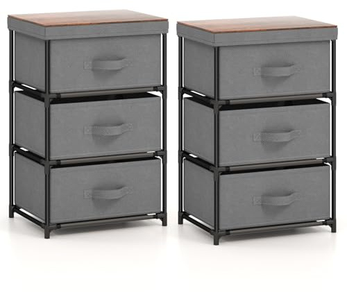 GIANTEX Nachttisch 2er Set, Kleine Kommode Nachtkommode mit Schubladen, Schubladenschrank Nachtschrank aus Stoff & Metallrahmen, Kleiner Schrank Beistellschrank 3 Etagen mit Tablett (Grau)