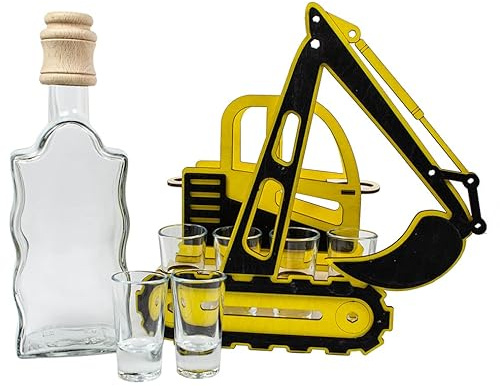 Karaffe mit 6 Gläsern im Holzständer – Geschenk für Männer | Alkohol-Deko in verschiedenen Designs|Bar Deko | Whisky Schnaps Likör | Originelles Männergeschenk (Gelb)