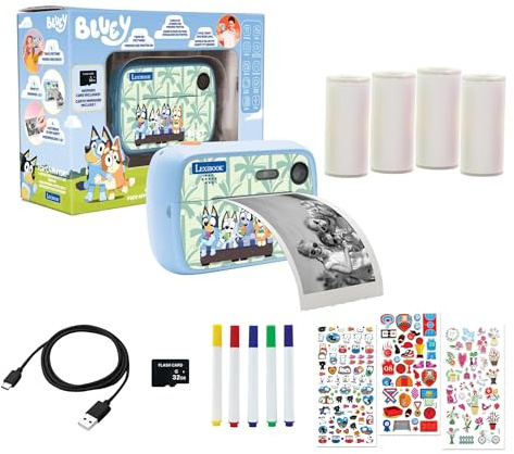 LEXIBOOK, Bluey, Cámara StarCAM Print HD, DJ150BY | Impresora instantánea, foto y vídeo, tarjeta SD 32 GB, incluye rollo de 10 pegatinas