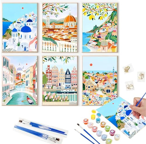 CloudYida 6 Pack Paint by Numbers for Adults Beginner | European Cityscapes Paint by Number Kits on Canvas,Paint by Numbers for Adults - 12x8 Inch DIY Painting by Numbers Kit with 26 Colors（no Frame）