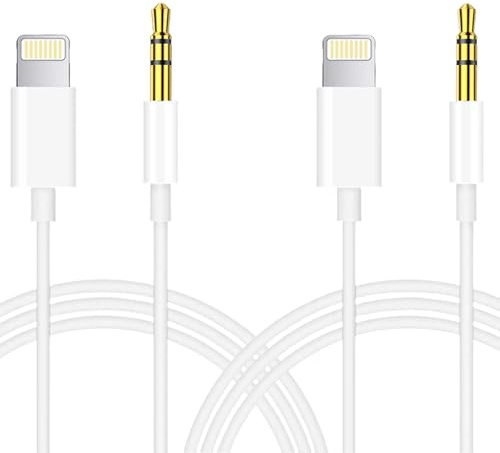 SiumPklay 2-Pack ​Aux Cable for iPhone in Car, ​Aux to Lightning Cable, ​Aux to lightning cable for Car Stereo/Headphones/Speaker, Compatible with iPhone 14/13/12/11/X/8/7 (White, 1M Each)