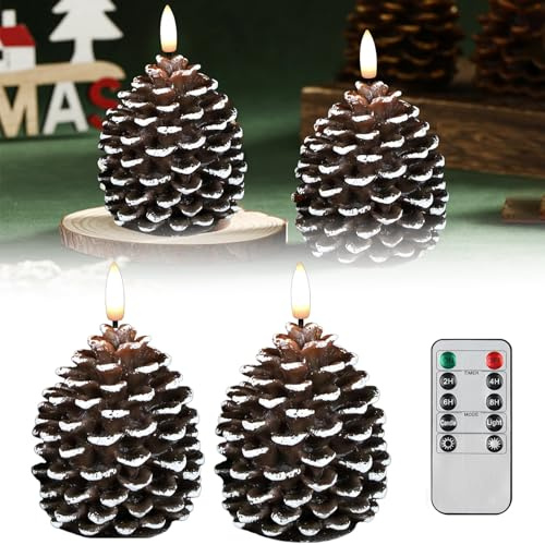 Lidary Weihnachtsdeko Tannenzapfen LED Kerzen mit Timerfunktion | 2 PCS Tannenzapfen Deko Kerzen LED Flackernd, Weihnachtsdeko Tisch Flammenlose Pinienzapfen (A)