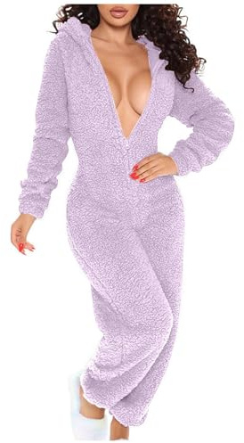 Yolimok Women Fleece Onesies Zip Up One Piece Hooded Pajamas Cozy Sleepwear Pyjamas Autumn Winter Warm Loungewear Jumpsuit with Butt Flap
