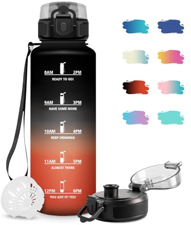JAPORIA Wasserflasche 1.5L, Sportflasche mit Filter, Motivierende Trinkflasche, Zeitmarkierung, BPA-frei, Wasserflasche für Sport, Schule, Wandern, Fahrrad, Outdoor, Yoga