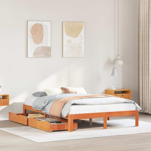 Yunovire Massivholzbett mit Schubladen, Wachsbraun 140x190 cm, Kiefernholz, Robustes Bettgestell, Stauraum, Schlafzimmer