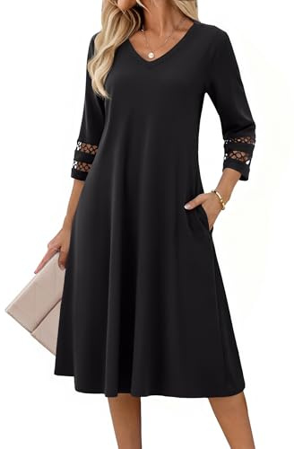 Zeagoo Vestido Mujer Negro Verano Línea A Midi Manga 3/4 Elegante Túnica Encaje Escote V Playa Oficina XXL