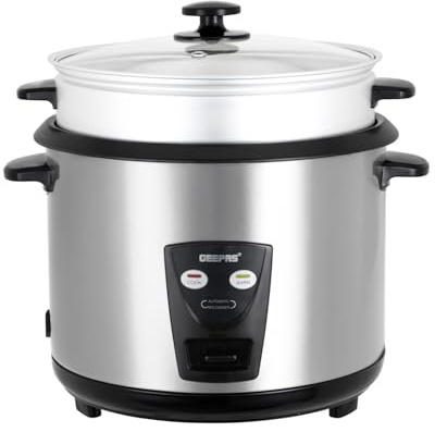 GEEPAS 1.8L Rice Cooker with Steamer | Keep Warm Function | Automatic Cooking, Non-Stick Inner Pot | Make Rice & Steam Vegetables Includes Measuring Cup, Spatula & Tempered Lid 700W (Renewed)