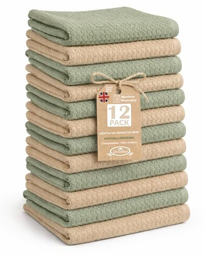 Dolshe 12 Pack Coffee & Sage Green 100% Cotton Waffle & Terry Face Cloths 30 x 30 cm 420 GSM – Soft RingSpun Reversible Wash Cloths for Sensitive Skin Quick Dry Highly Absorbent