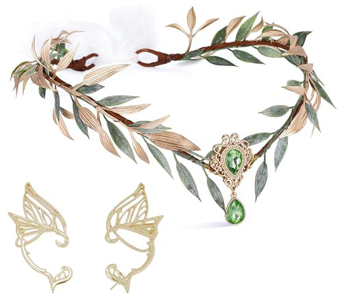 Feen Kostüm Damen, Verstellbares Elfen Kostüm Damen mit Blumenkranz, Schmetterlinge Ohrringe, Waldelfee Kopfschmuck, Waldfeekostüm Damen für Karneval, Halloween, Fasching, Cosplay & Fantasy Events