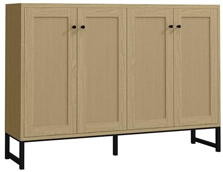 Panana 4-Door Accent Cabinet Sideboard Rattan Decorated Buffet Cabinet for Dining Room Kitchen Storage Farmhouse Console TV Stand (Natural)