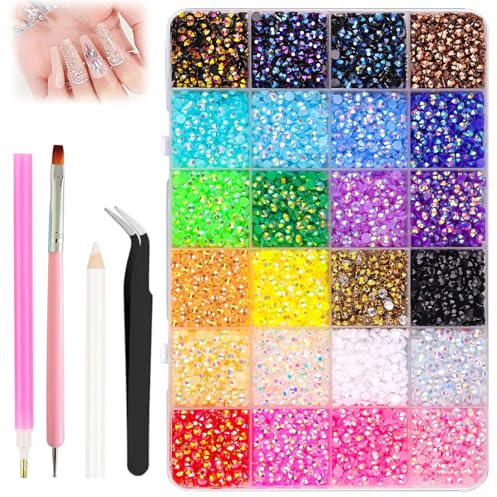 Menibeuty Lot de 24 000 strass de 3 mm - 24 couleurs de strass à coller - Pierres rondes à dos plat - Avec pince à épiler et stylo à pointiller pour le bricolage et le design des ongles