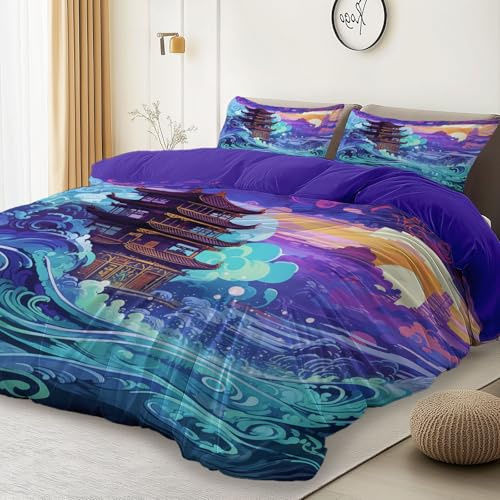Set copripiumino Matrimoniale in microfibra, morbido e confortevole, 3 pezzi, Viola-Blu e Stile Cinese Padiglioni Onde, copripiumino da 135 x 200 cm e 2 federe da 50 x 80 cm