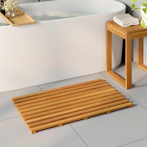 Mangloder - Alfombrilla de baño de madera maciza de acacia marrón, 80 x 48 x 2,5 cm, antideslizante, de secado rápido, para baño, balcón, ducha e inodoro, fácil de limpiar para interiores y exteriores
