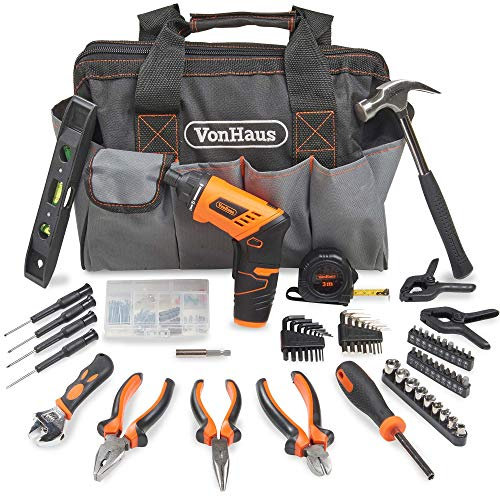 VonHaus Cordless Hand Drill and Household Tool Kit - 94pc Tool Kit for Beginners - Includes 3.6V/Cordless Lithium-ion Screwdriver - Power & Hand Tools with Drill Sets in Case