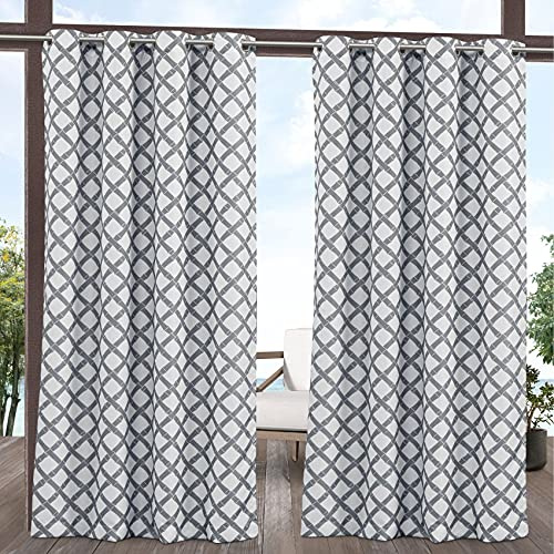 Exclusive Home Bamboo Trellis Indoor Outdoor Light Filtering Grommet Top Curtain Panel Pair, 54x120, Grey White, Set of 2