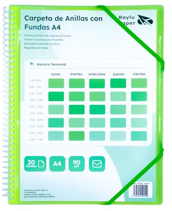 Raylu Paper® – Sorteringsmapp med ringar med 90 mikron A4 transparent fodral och kuvert med kardborreförslutning, anpassningsbar lock. 100% biologiskt nedbrytbar mantel. (20 ärmar, grön)