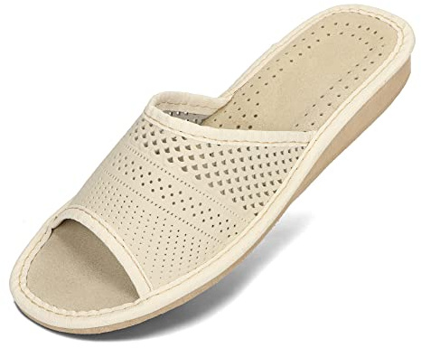 BeComfy Ladies Lädertofflor Tofflor 36-41 EU (Beige Genombruten, Europeiska skostorlekar, Vuxen, Numeriskt, Medel, 39)