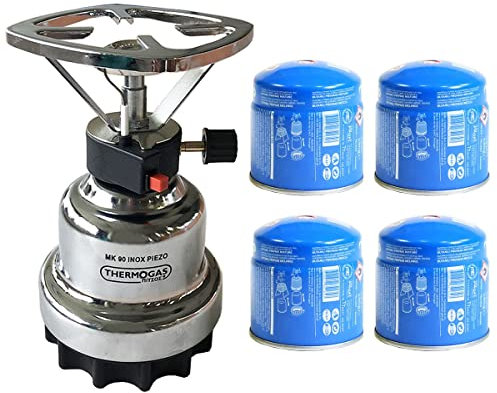 PROWELTEK - Réchaud à Gaz Portable avec Allumage Piézo – Kit Complet Camping/Randonnée/Pêche – 1 Feu (1000W) – Coque INOX + 4 Cartouches Gaz 190g Incluses – Compact et Léger