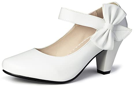 elerhythm Mary Jane vintage klackar med Bow Gatsby 1950-tals pumpar stängd tå 1920-tals viktorianska ankelremmar fuskmockaskor, Vitt, 40 EU