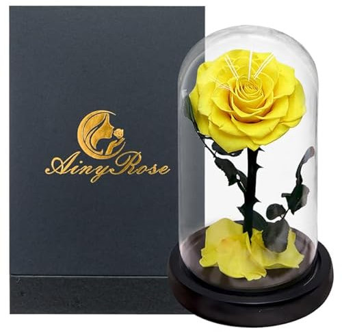 ZEYRU Eternal Preserved Roses In Glass Dome 5 Flower Heads Rose Forever Love Wedding Favor for Women Girlfriends-Yellow Rose Box