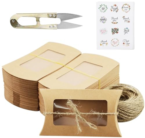 50PCS Scatole regalo, scatole per cuscini, 14,5 x 7,5 cm, in carta kraft, confezione regalo, piccolo con adesivo di ringraziamento, filo di iuta per inviti fai da te, regalo per feste