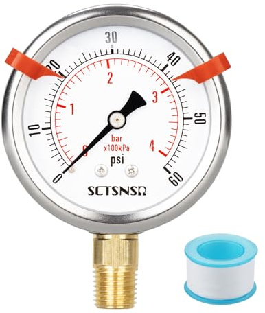 SCTSNSR 0 to 60 Psi Pressure Gauge, Glycerin Liquid Filled, 2.5 inch Dial, 1/4 NPT Lower Mount, Stainless Steel Case, for Pool Sand Filter, Water Pump, Propane, Coolant, CO2, Gas, Low Pressure Test