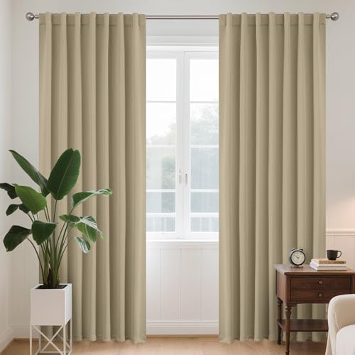 Joydeco öglor dolda gardiner set om 2 stycken H 210 x B 132 beige mörkläggning ogenomskinlig lång gardin stånggenomgång gardiner termogardin mörkläggningsgardiner sovrum