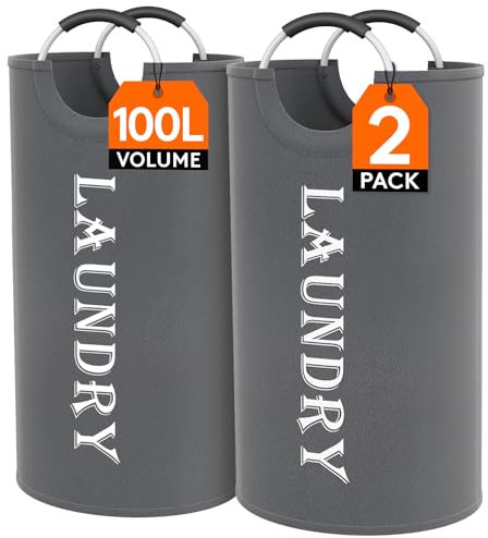 Lifewit 100L 2-Paquetes Cesto Ropa Sucia Grande, Plegable Cubo Ropa Sucia con Mango de Aluminio Adecuado para Toallas de Baño/Edredones de Plumón Dormitorio, Gris