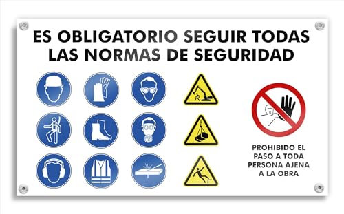 Cartel para Zona de Obra - Lona Impresa Señales de Seguridad y EPIS Obligatorias en Construccion (EPI 74x42 cm)