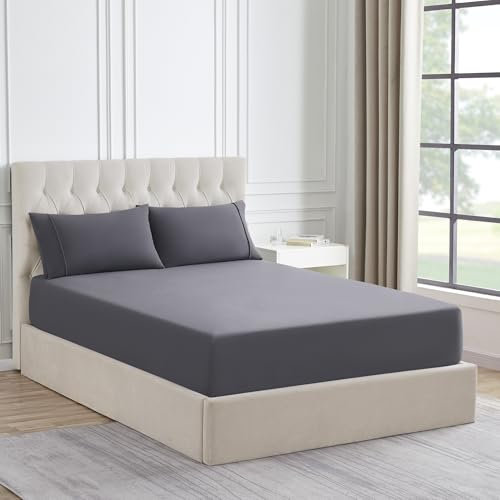 King Size Flannel Fitted Sheet Only with Full Elastic & Built in Corner Sheet Straps to Prevent Shifting - Soft & Cozy Flannel Bottom Sheet, King, Gray