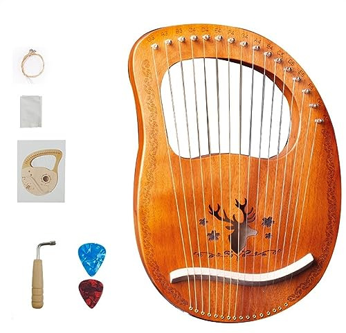 BAMFY Leier Harfe 7,16 Saiten Tragbar Musikinstrument Mahagoni Korpus Lyre Mit Stimmschlüssel, Saiten Ausziehen, Plektrum Und Gig Bag(16 Tone Reindeer Log)