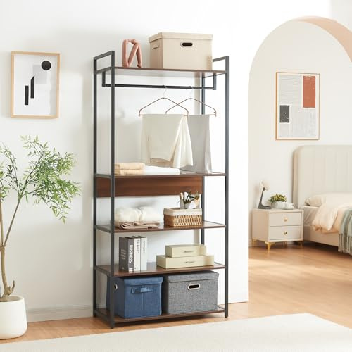 [en.casa] Perchero Burro Larem de Estructura Metálica con Barra y Estante Superior Burro Ropa con 4 Compartimentos Abiertos Armario Abierto para Entrada MDF 180 x 84 x 40 cm - Efecto Nogal