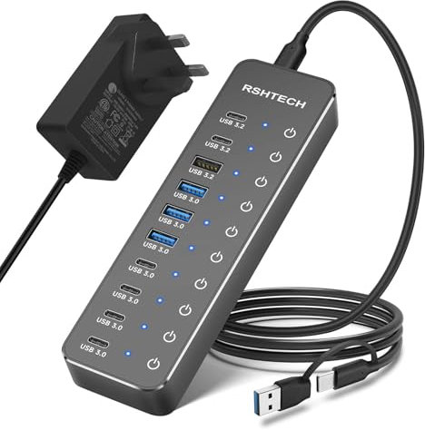RSHTECH Powered USB C/3.2 Hub 60W, 10 Port USB HUB with 3x 10Gbps USB 3.2 Ports (2C+1A), 7x 5Gbps USB 3.0 Ports (4C+3A), 3.3ft USB-C/A Cable and 12V/5A Power Adapter