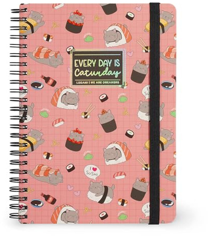 Legami - Quaderno Spiralato a Righe 7 mm, Sushi Cat, Formato A5, Large, in Carta FSC Certificata, Contiene 1 Foglio di Adesivi, 160 Pagine, Chiusura con Elastico, 15 x 21 cm