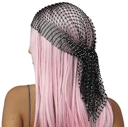Damen Strass Kopftuch Netz Schleier Kappe - Elastisches Fischnetz Stirnband Bandana Cap Glitzer Hip Hop Turban Cap für Mädchen, Party, Nachtclub, Festivals, Hochwertige Haarschmuck (Schwarz, onesize)