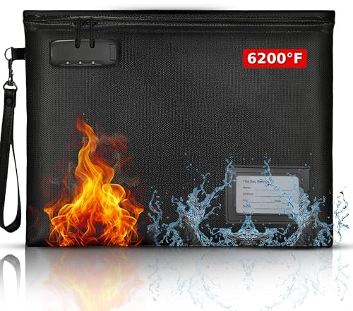 Premium Fireproof Document Bag With Lock Money Safe Bags Waterproof Zipper Fire Resistant Lockable Pouch Water Proof ID Window Tag Small Portable Firesafe Organizer For Cash Phone Tablet USB Jewelry