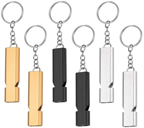 WeddHuis Silbato de Supervivencia y Emergencia, 6 Piezas, Silbato de Árbitro con Llavero, Silbato de Doble Frecuencia para Supervivencia, Camping, Senderismo y Uso Militar (Oro, Plata, Negro)