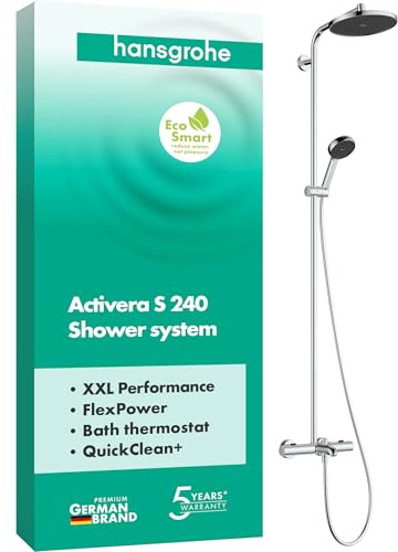 hansgrohe Activera S - vattenbesparande Duschsystem (EcoSmart) med kartermostat, Regndusch (240 mm), Duschset med handdusch (2 stråltyper), duschslang, duschstång och rund huvuddusch, krom, 28871000