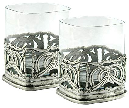 Cavagnini Pair of Premium Brandy Glasses in Glass and Chiseled Pewter – Artisan Square Design for Fine Spirits