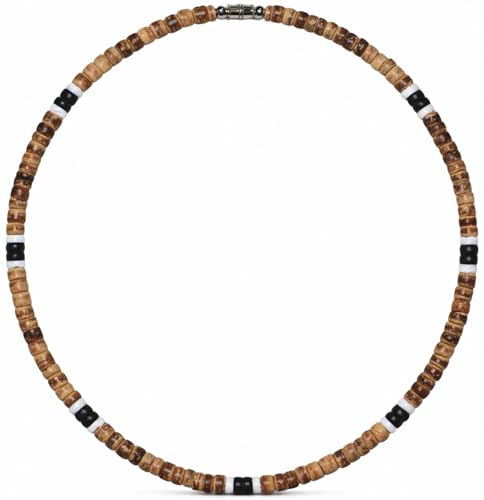 Native Treasure Adult Unisex Coconut Bead Necklace with White Clam Heishi Shell Accents Handmade in the Philippines Puka Style Beach Surfer Jewelry Stainless Steel Cable Wire (20 inch)