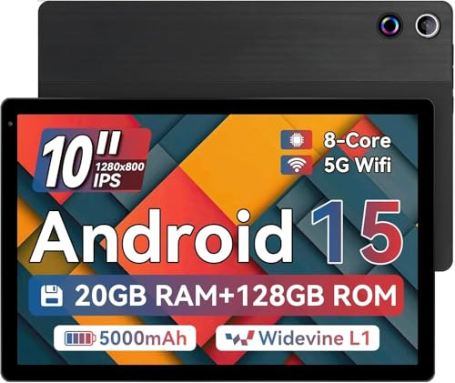 Freeski Tablet 10.4 inch, Android 15 Tablet, 20GB RAM+128GB ROM (Expand to 1TB), Octa-Core, Widevine L1, 1280 * 800 HD Touchscreen, Face ID, Bluetooth 5.3, WiFi 6, Fast Charging (Black)